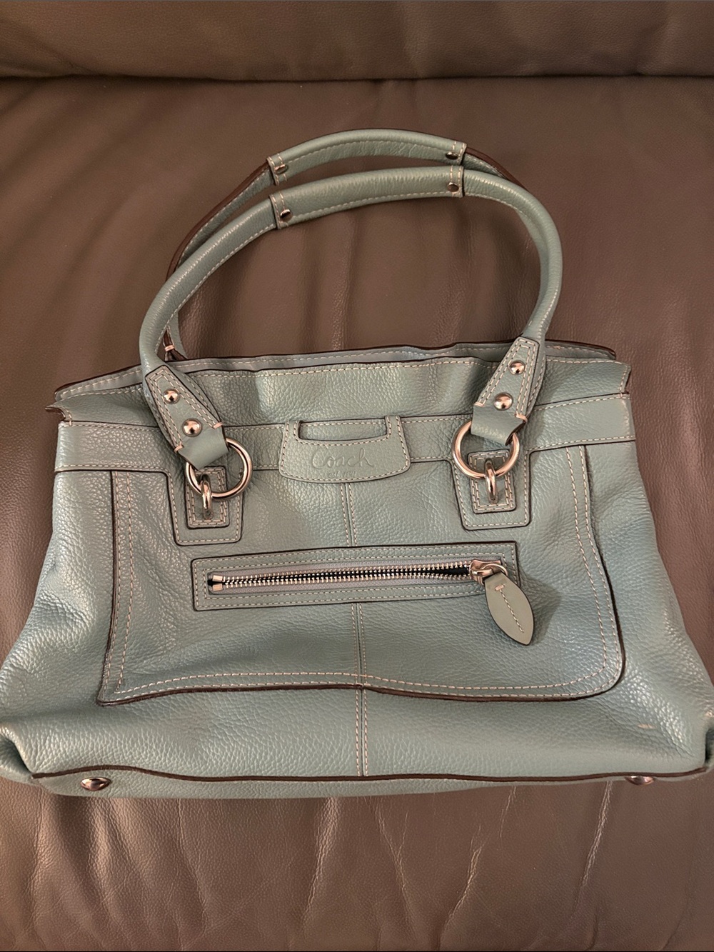 Coach Pebbled Leather Satchel in Mint Blue